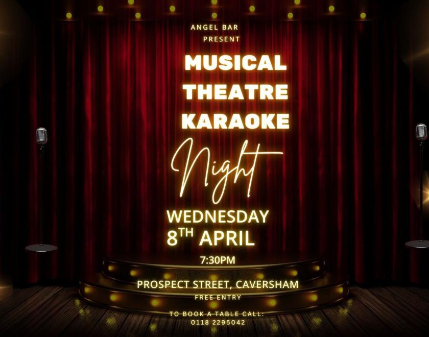 Poster for Musical Theatre Karaoke Night with the title in front of an image of a stage with microphones on it