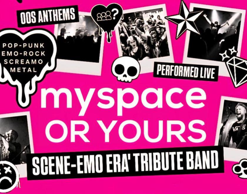 MySpace or Yours? logo with early-2000s style emojis in black on a pink background
