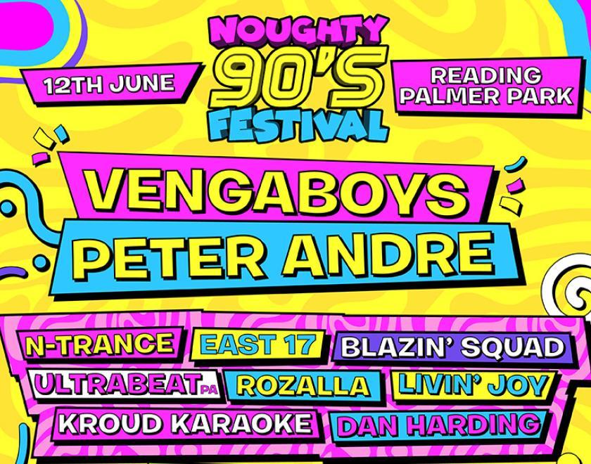 Poster for Noughty 90s Festival Reading with day-glo colours and a list of some the acts performing