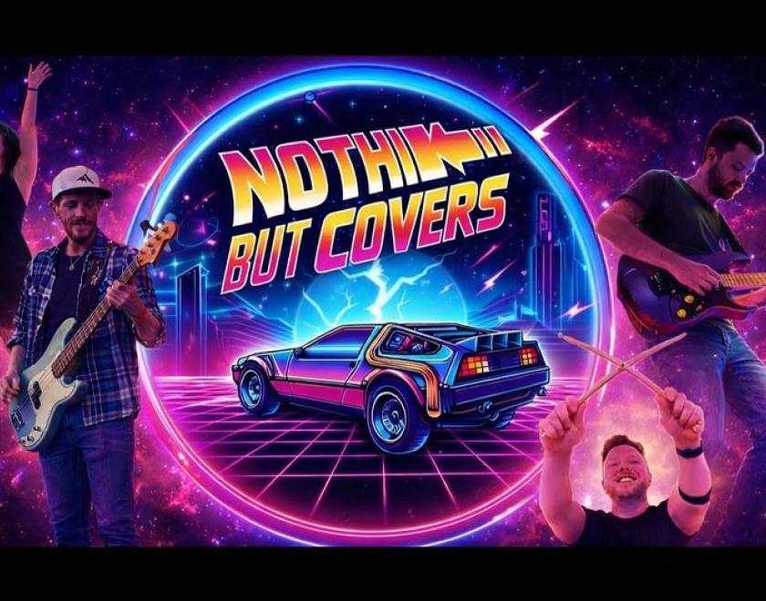 AI generated poster with the band name in the style of the Back to the Future logo over an image of a Delorean car, surrounded by images of the band members