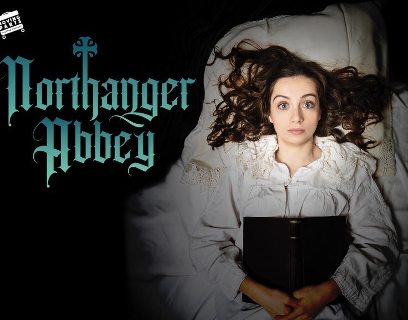 Poster for Northanger Abbey with an actress in period dress lying on a bed and staring up