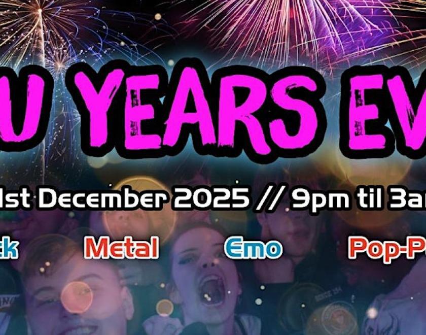 Poster with "Nu Years Eve" in pink over images of a crowd and fireworks