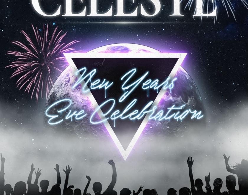 New Year's Eve poster with venue logo and artwork of a silhoutted crowd dancing to fireworks