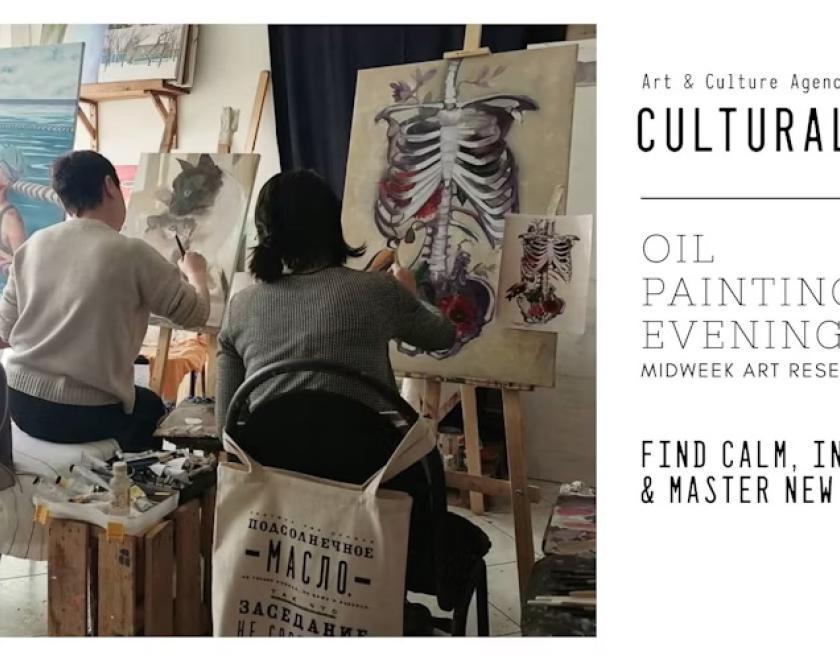 Three people in an oil painting class