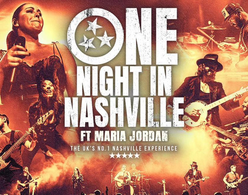 Image of One Night In Nashville performers - a man on an electric guitar, a woman on an acoustic guitar, a man on a bass guitar and a man on a banjo