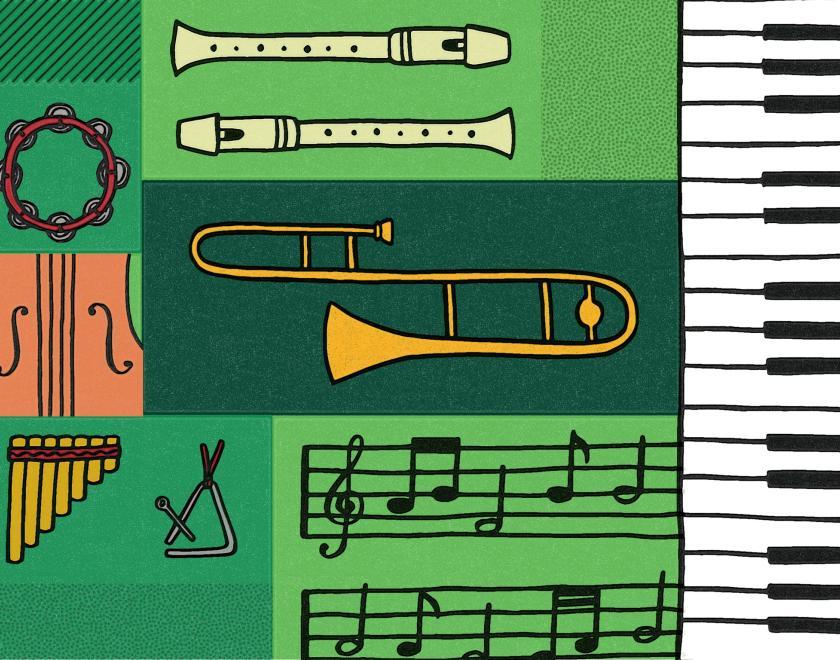 montage of line-drawn images of instruments against a green background