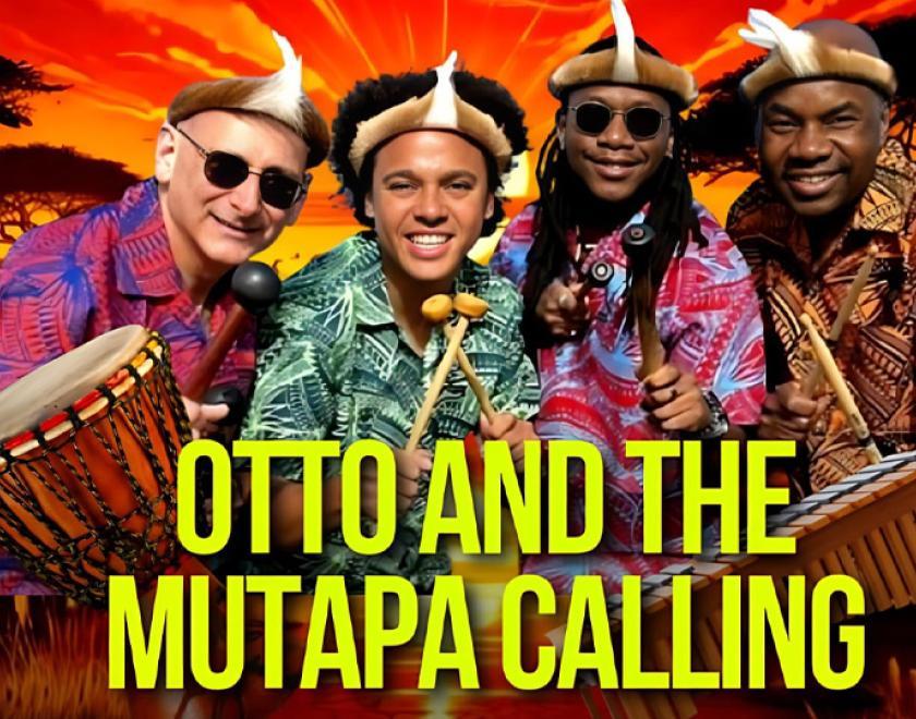 Event poster with an image of four musicians wearing traditional African headgear and holding percussion instruments