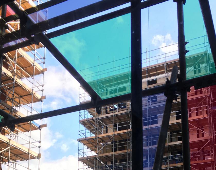 stained glass window art on a building site