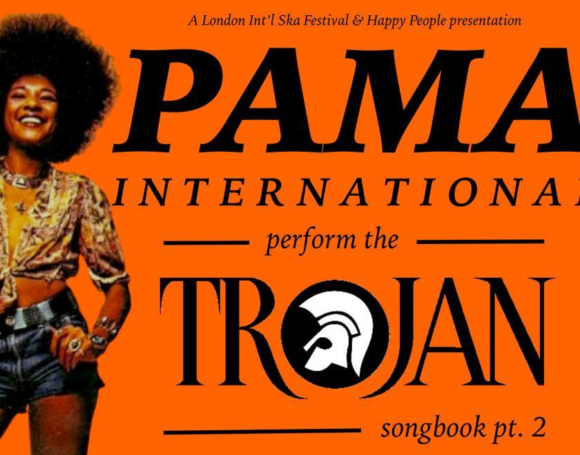 a black woman with Afro hair and seventies clothes against an orange background, next to the title of the event