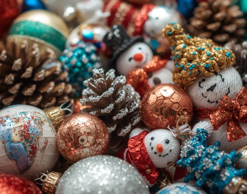 Photograph of a collection of pine cones and colourful Christmas baubles lying on a table. 