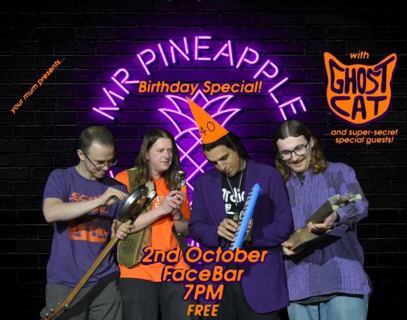 Band members of Mr Pineapple, all holding odd instruments and wearing purple