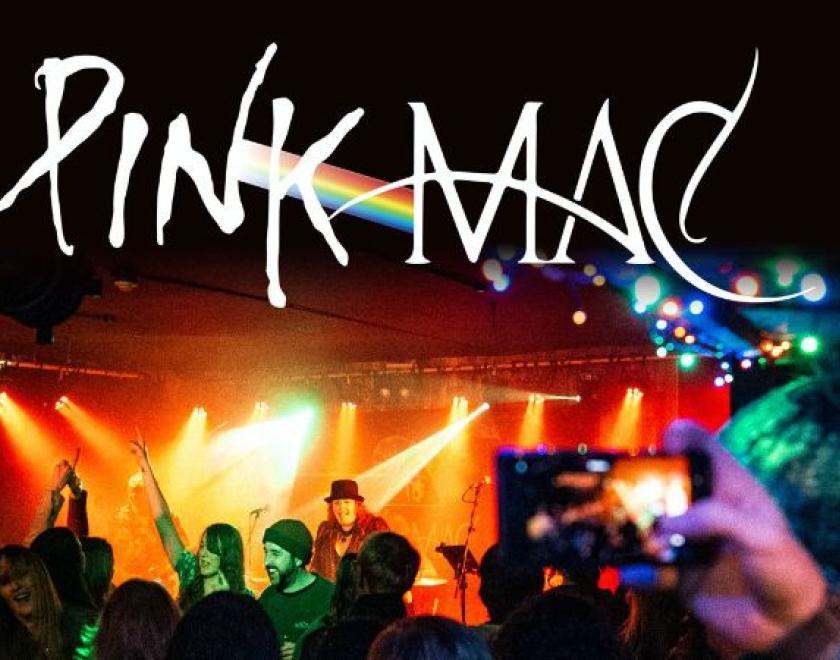 Pink Mac logo over an image of a band on stage