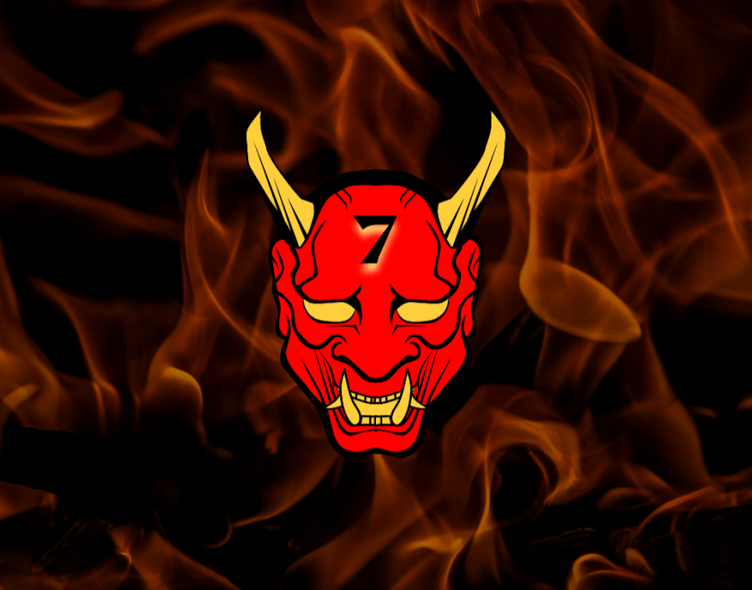 Dark flame background. Red cartoon image of devil, with sharp yellow fangs, yellow eyes and long yellow horns. Number "7" on forehead.