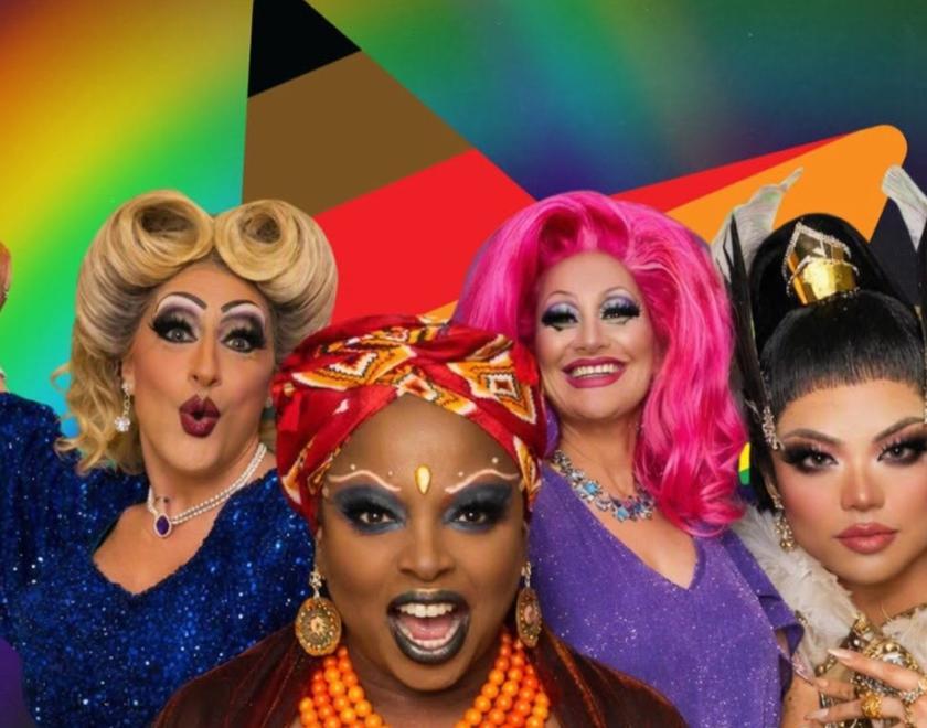 Four drag queens in elaborate make-up and outfits