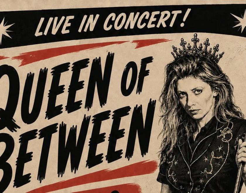 aI generated poster with artwork of a woman with a crown and sceptre and the text "live in concert: Queen of Between"