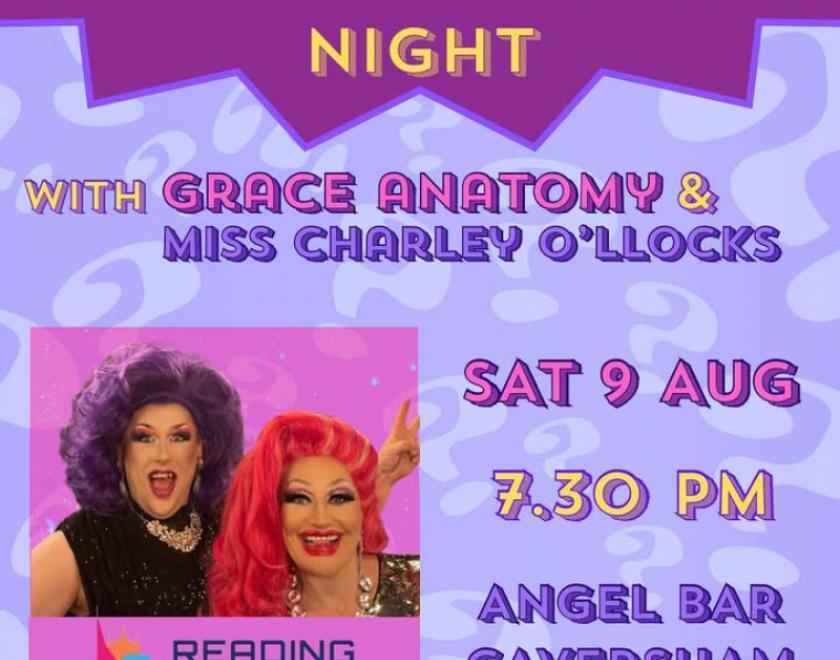 Poster for Quiz n' Games with Grace Anatomy & Miss Charley O'llocks, with a photo of two drag queens