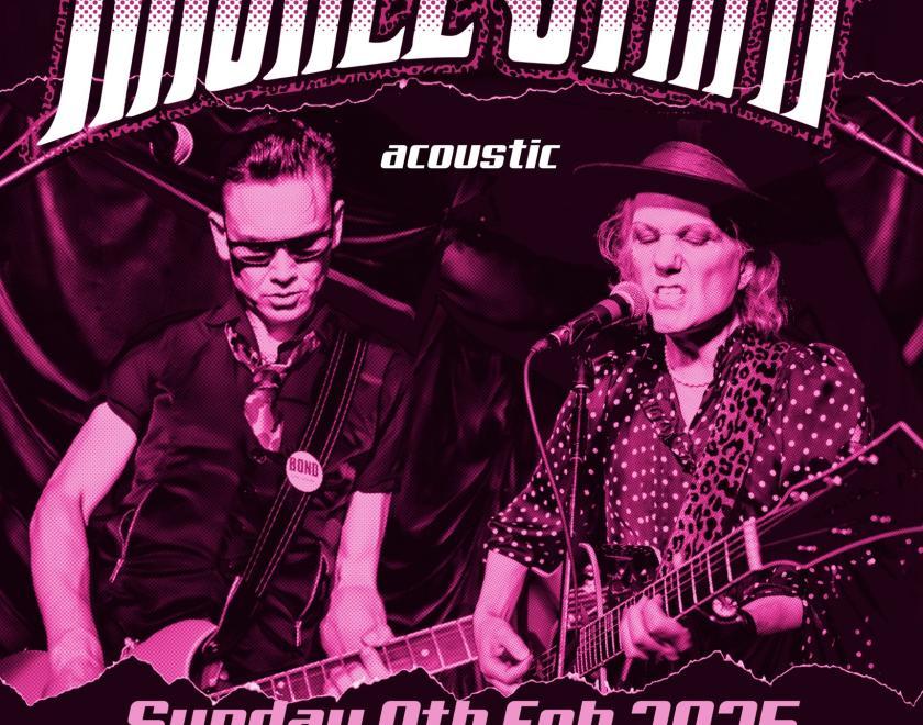 purple monochrome poster featuring a man and a woman playing guitars