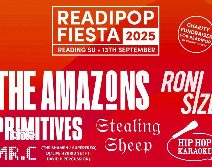 Readipop Fiesta 2025 poster listing the headline acts The Amazons, Stealing Sheep, Roni Size, The Primitives and Mr C
