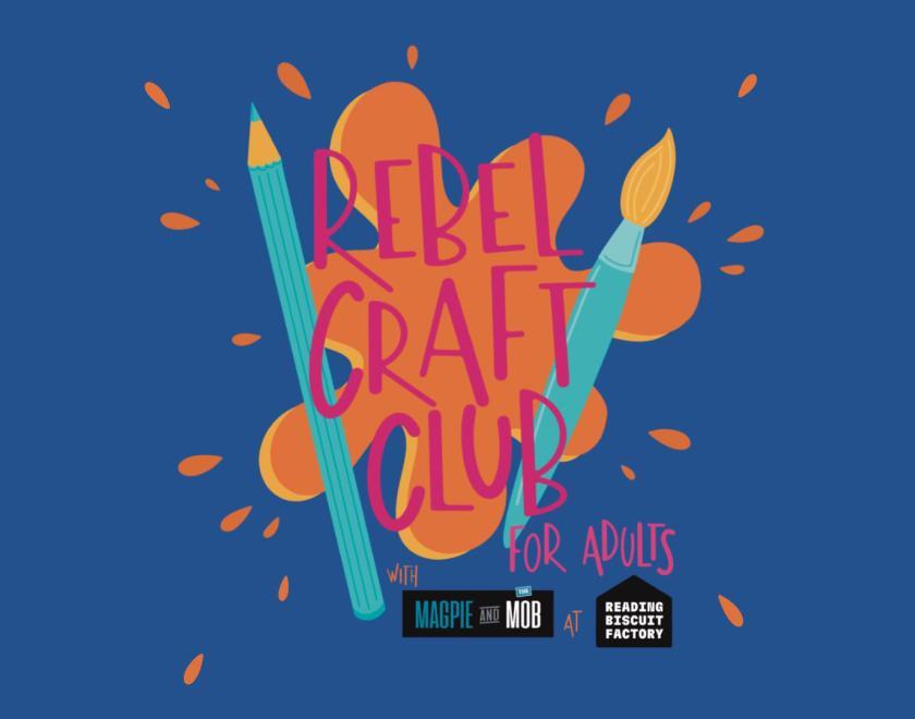 Rebel Craft Club logo designed like a paintsplash, paintbursh and pencil