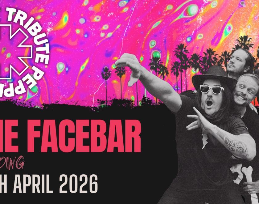 monochrome photo of the band members in a silly pose next to the band's logo