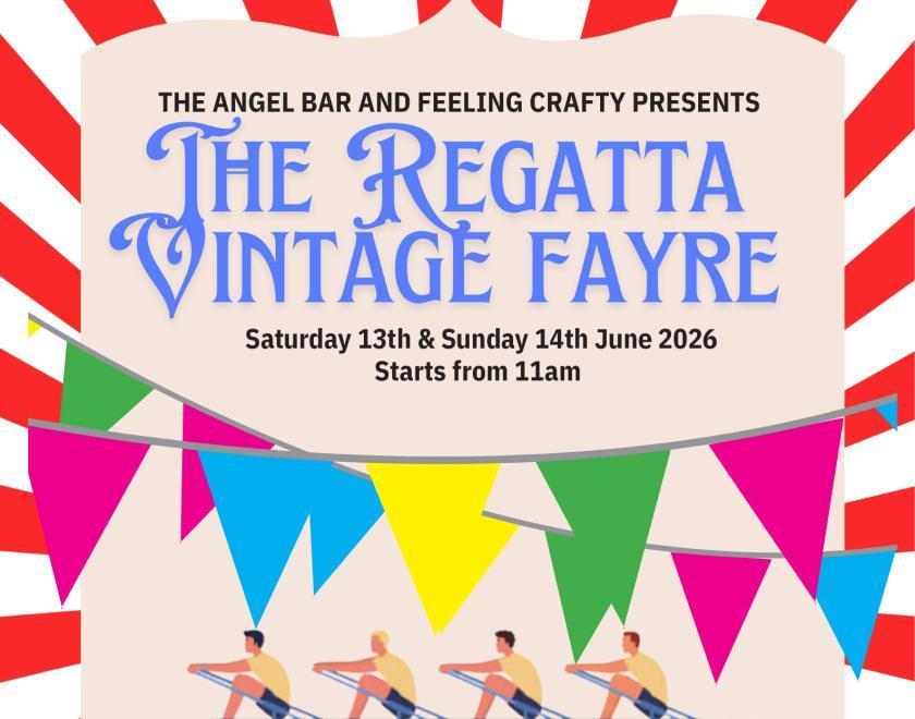 Poster for The Regatta Vintage Fayre with cartoon images of rowers and bunting