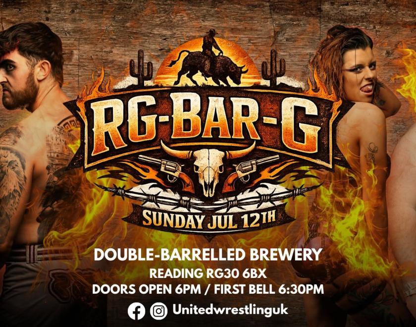 Event poster with the RG-Bar-G logo in the centre and photos of two wrestlers on either side