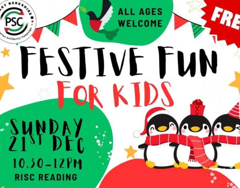 Event poster with some cartoon penguins and big coloured splotches