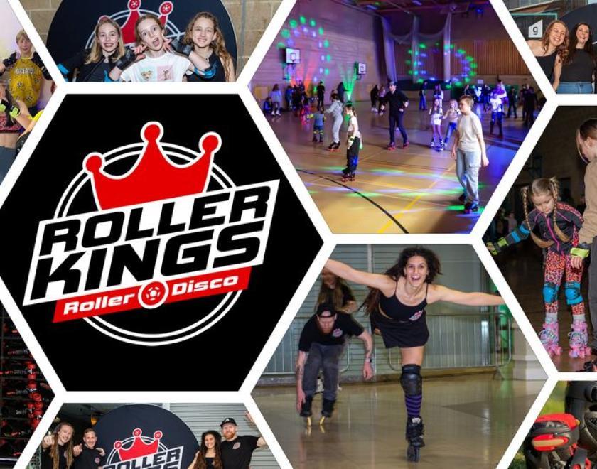 montage of images of people at a roller disco