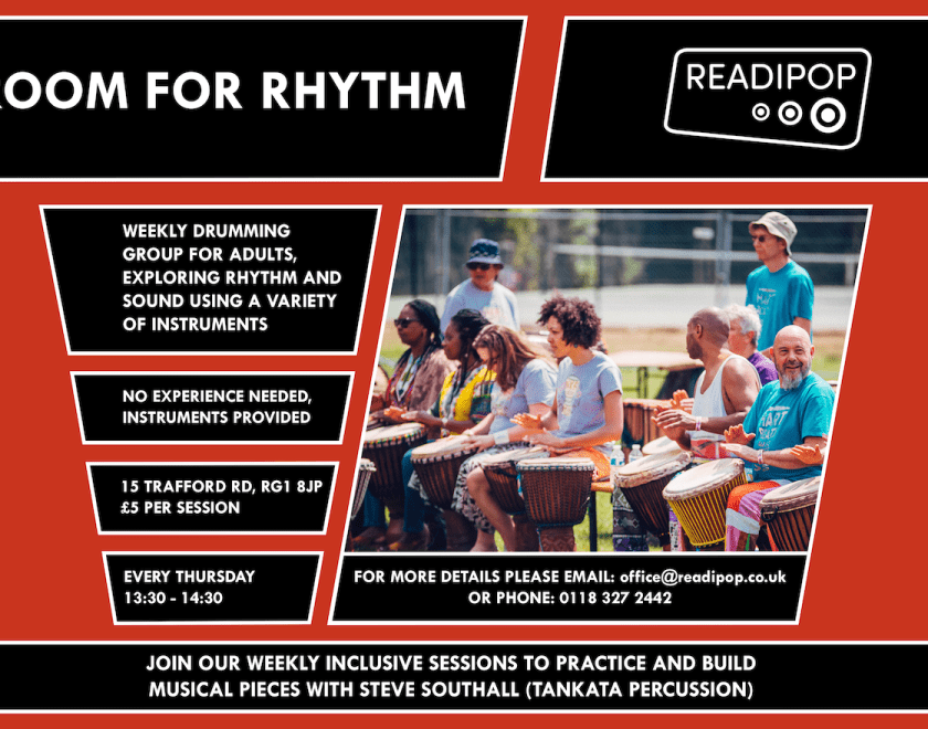 Banner containing information (as seen below) and members of Room for Rhythm performing at Readipop Festival
