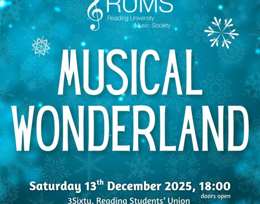 RUMS Musical Wonderland Concert poster with white text on a turquiose snowflake background