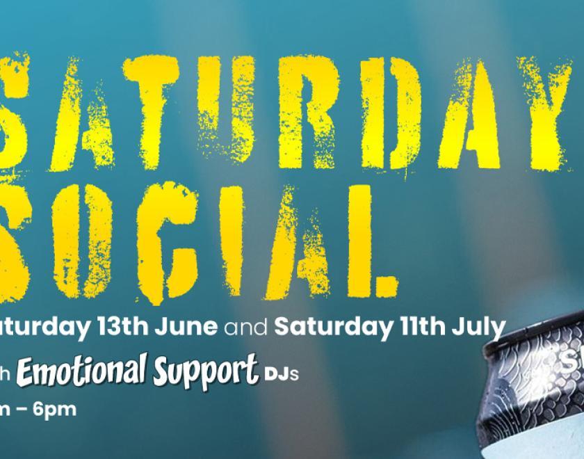 Poster for Saturday Social with Emotional Support DJs with an image of a Siren beer can