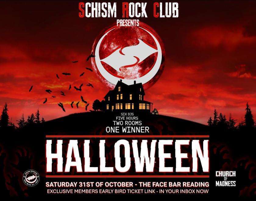 Schism logo over an image of a haunted house on a hill, under a red sky