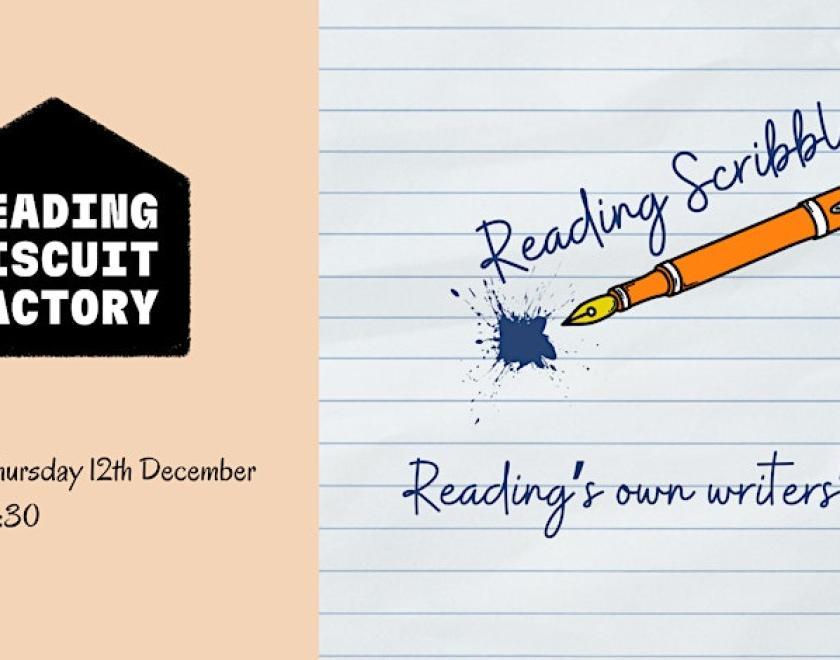 Reading Biscuit Factory logo on the left, Reading Scribblers logo on the right