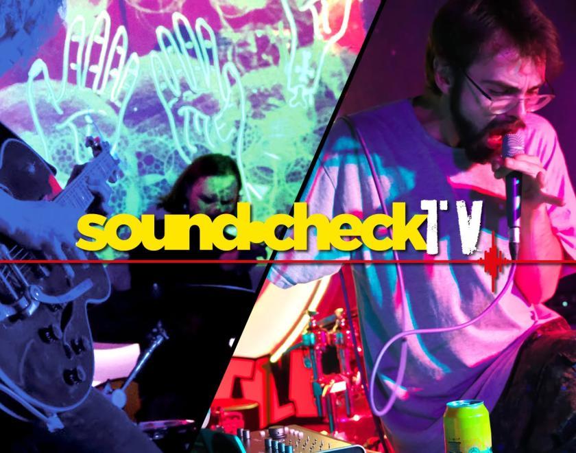 event poster split in two, to show images of the bands performing on stage