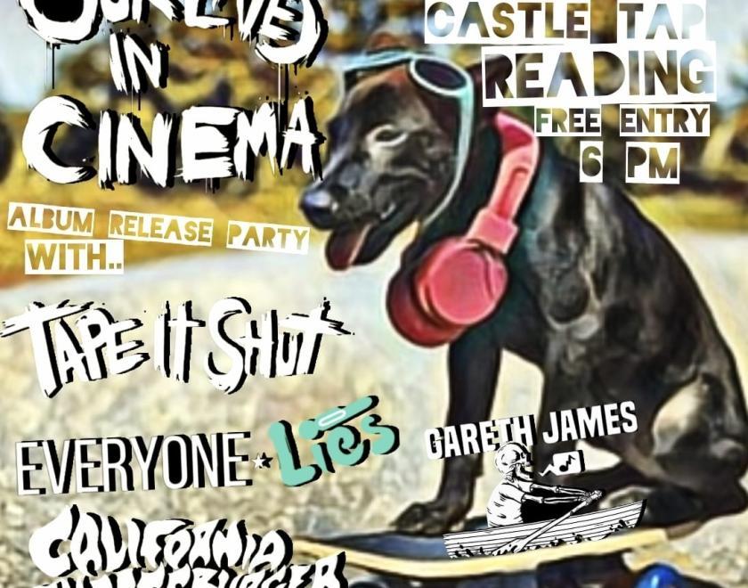 Poster of band names on the left side overlaying an image of a road and  verge.  On the right a black dog with red headphones over his neck is sitting on a skateboard.