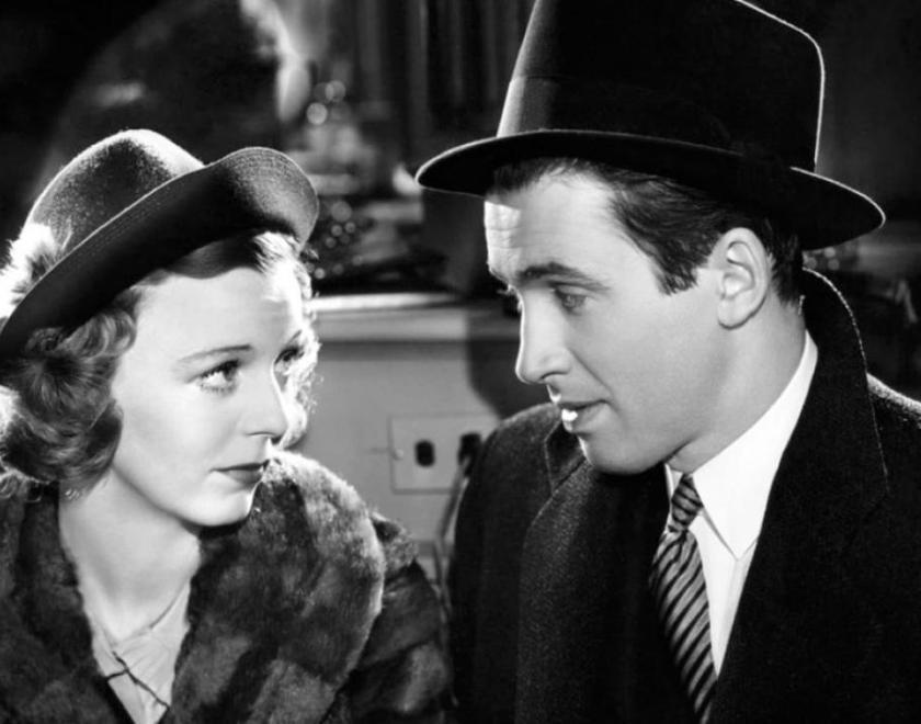 black and white still from the film Shop Around The Corner with a man and a woman in 1940s hats and coats