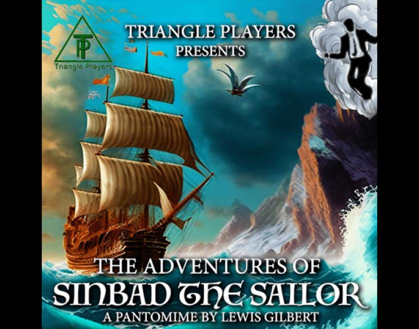 Poster for The Adventures of Sinbad The Sailor featuring digital artwork of a galleon on some choppy waters near a cliff