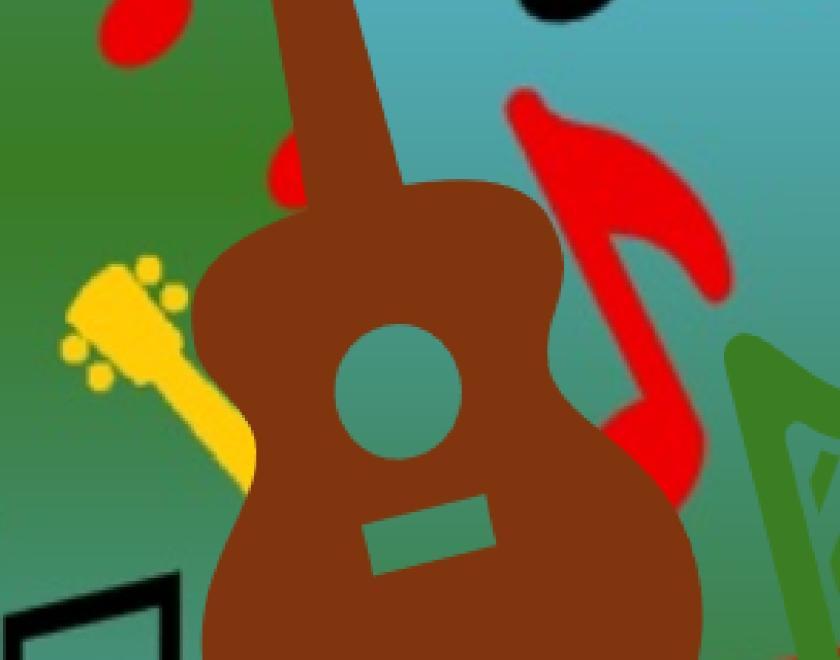 Image of a guitar against a colourful collage of images of musical notes