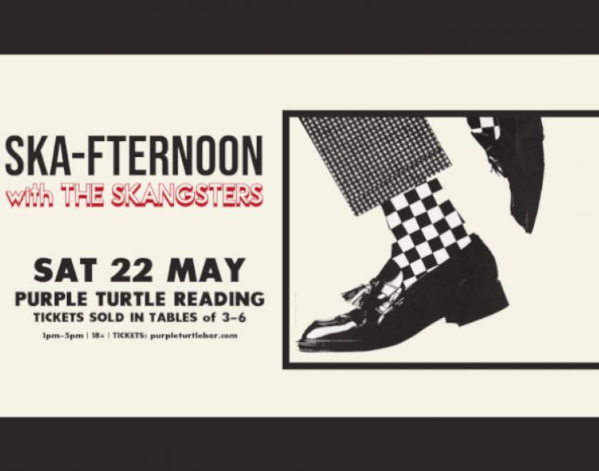 Poster for Ska-fternoon at the Purple Turtle featuring a pair of checked socks and black shoes