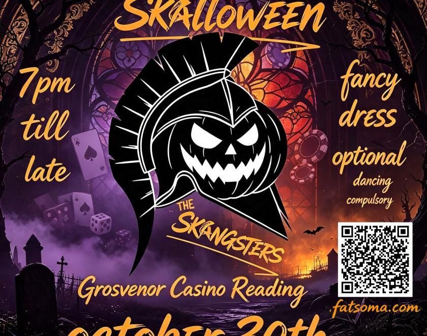Poster for Skalloween with the Trojan records helmet logo modded to include a jack o'lantern