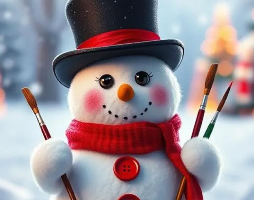 AI image of a snowman holding paintbrushes