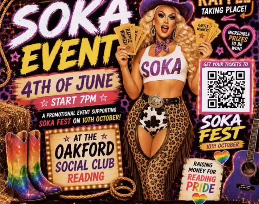 AI generated poster with lots of info and an image of a drag queen dressed in cowgirl clothes