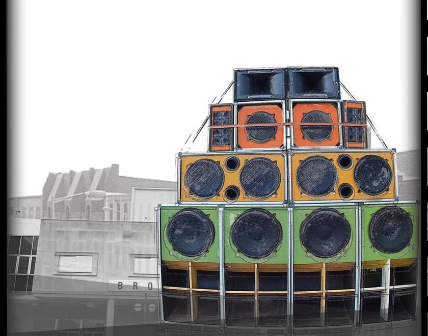 The Sound image of brightly coloured speakers piled into a soundsystem, with an old fashioned cinematic framed overlaid onto it to make it look like a film.