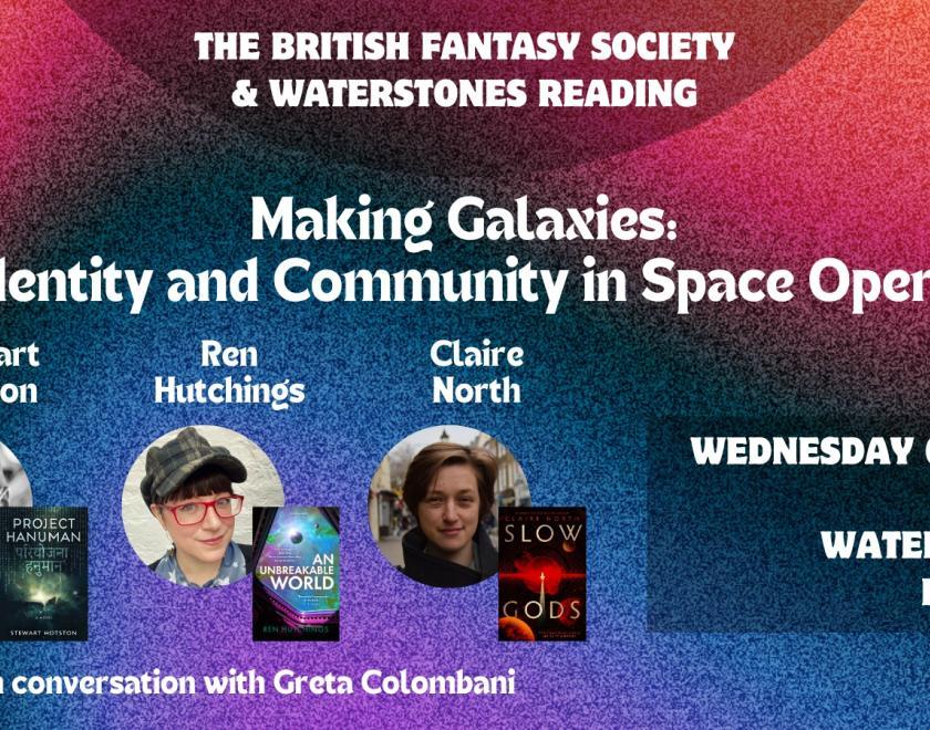 Event posters with the title of the event and images of three authors and book covers