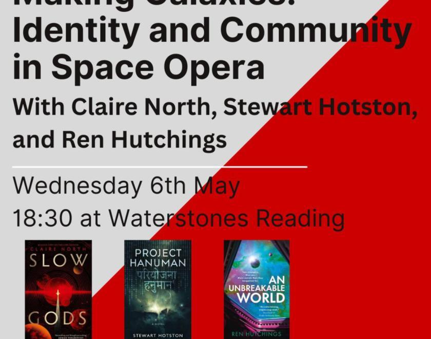 Event posters with the title of the event and images of three book covers