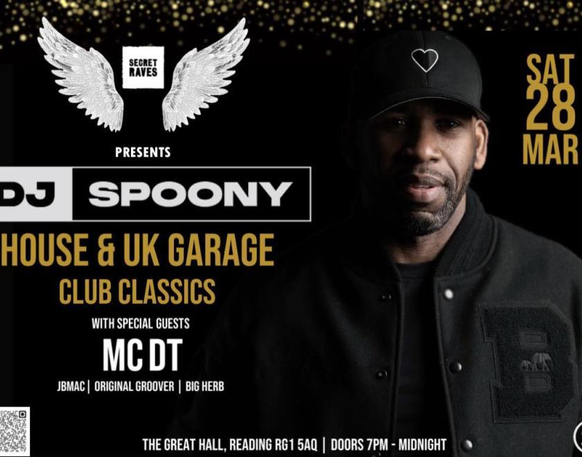 DJ Spoony in a black baseball cap and bomber jacket, next to info about the event