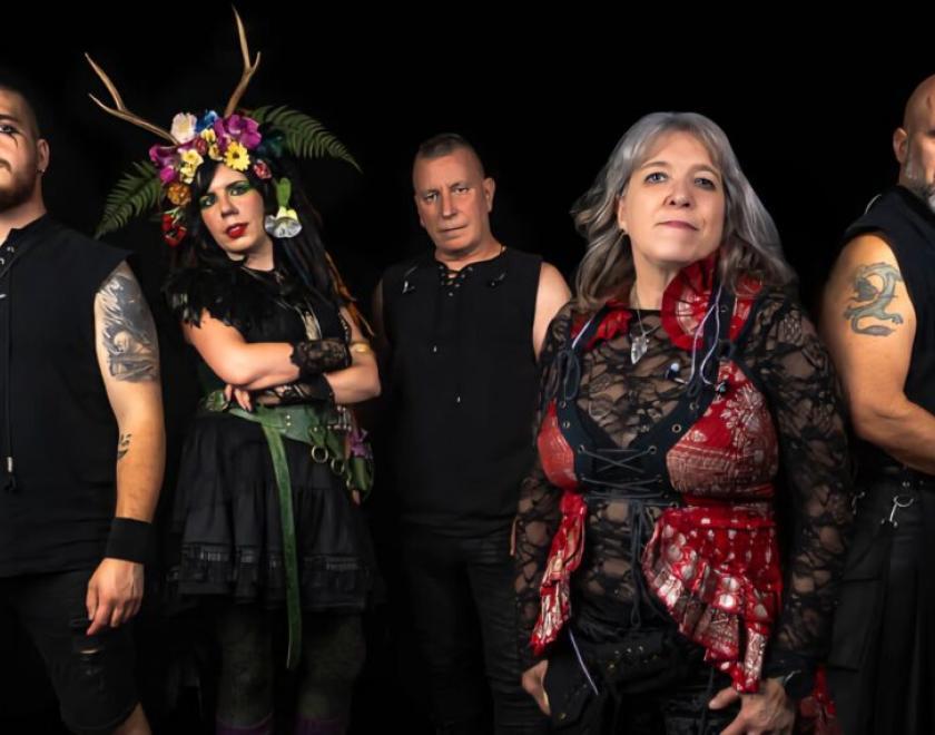 Members of the band Spriggan Mist, dressed in pagan-esque and steampunk-esque costume