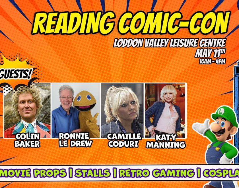 Reading Comic Con Spring 2025 logo featuring comic book characters and guests