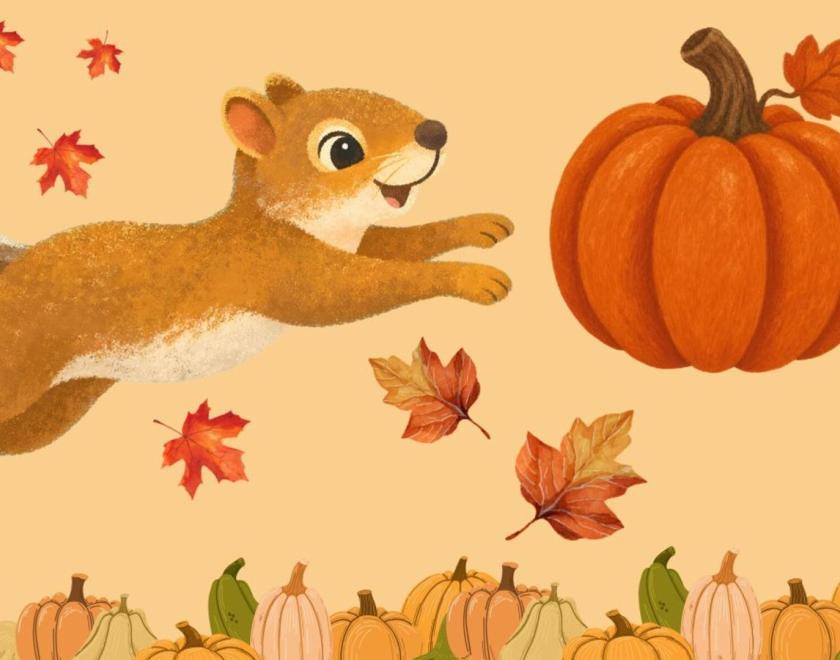 Painted artwork of a happy squirrel chasing a pumpkin