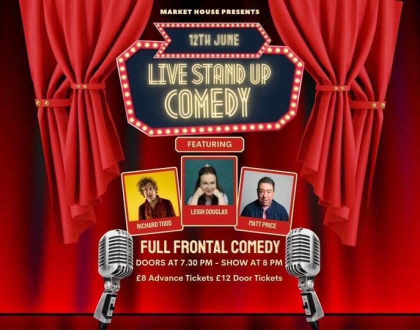 image of comedians on a stage with a red curtain